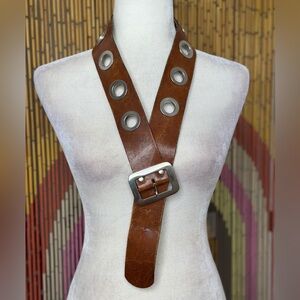 90s Y2K Boho Western LengthWide Leather Cut Out Grommet Belt